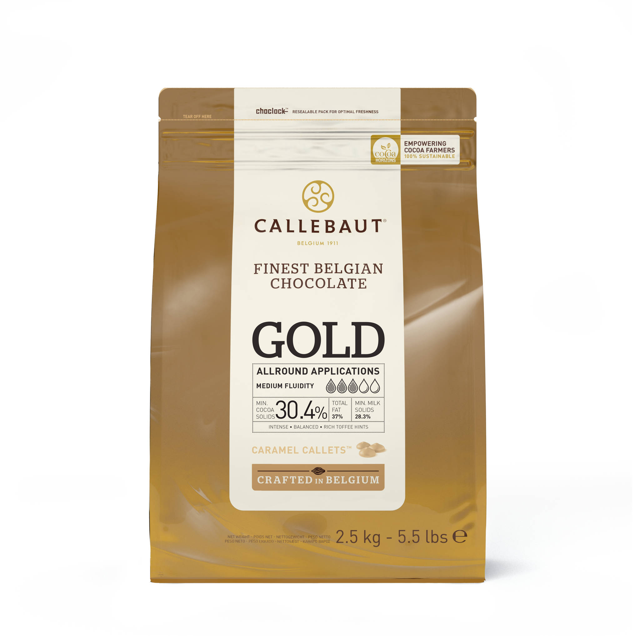 Se Callebaut Chokolade Callets Gold 30,4% - 2,5 kg hos BageTid.dk