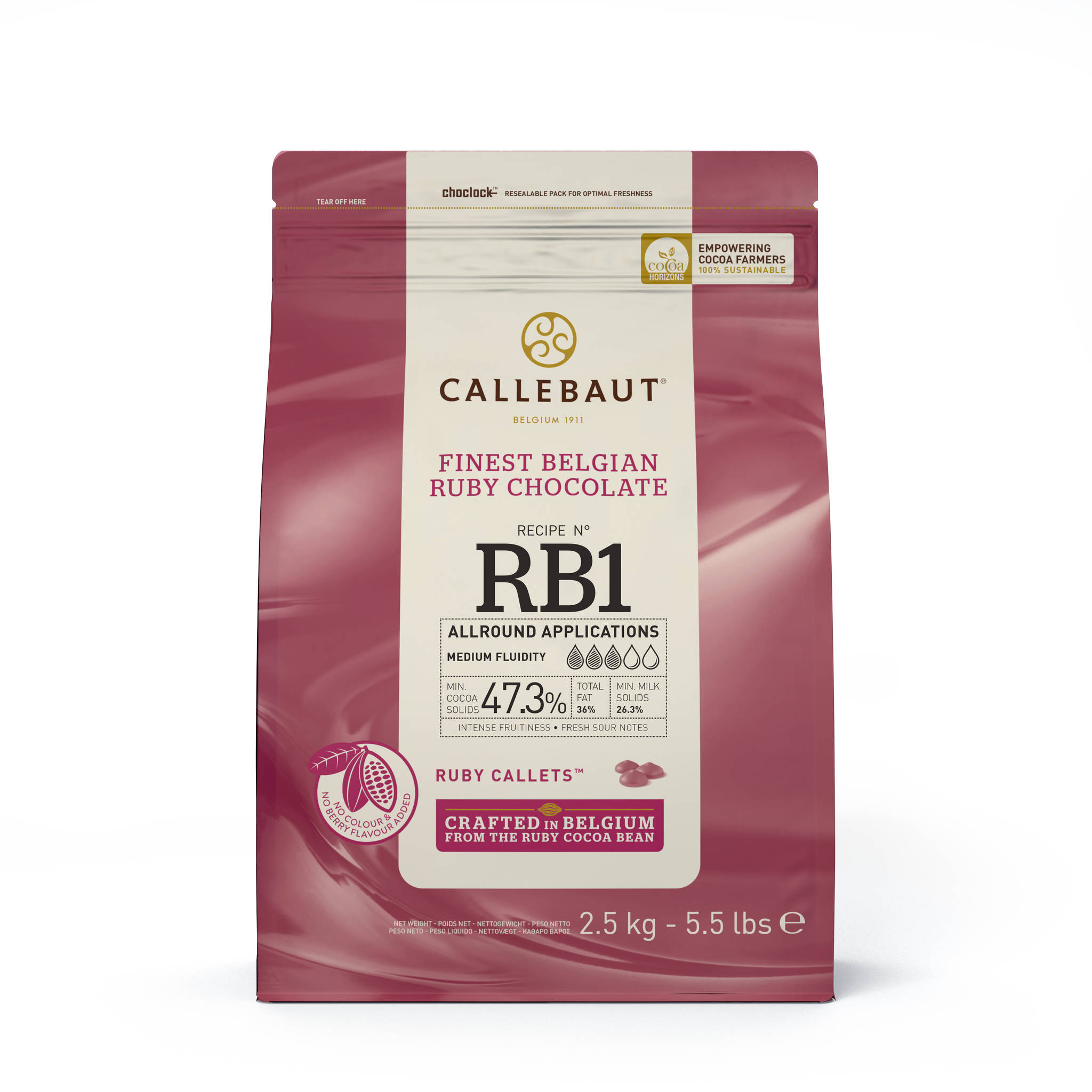 Se Callebaut Chokolade Callets RB1 Ruby 47,3% - 2,5 kg hos BageTid.dk