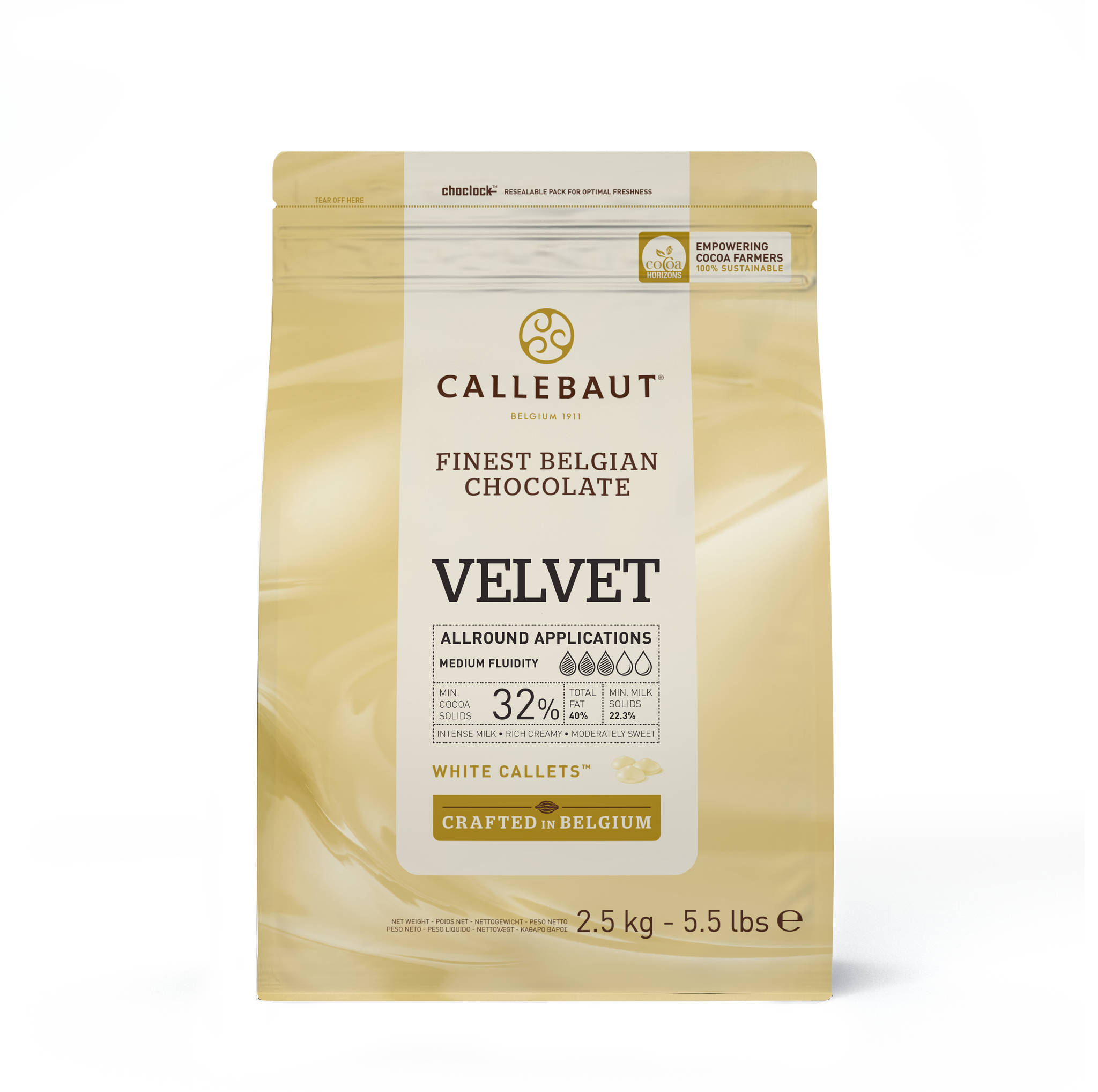 Se Callebaut Chokolade Callets Velvet hvid 32% - 2,5 kg hos BageTid.dk
