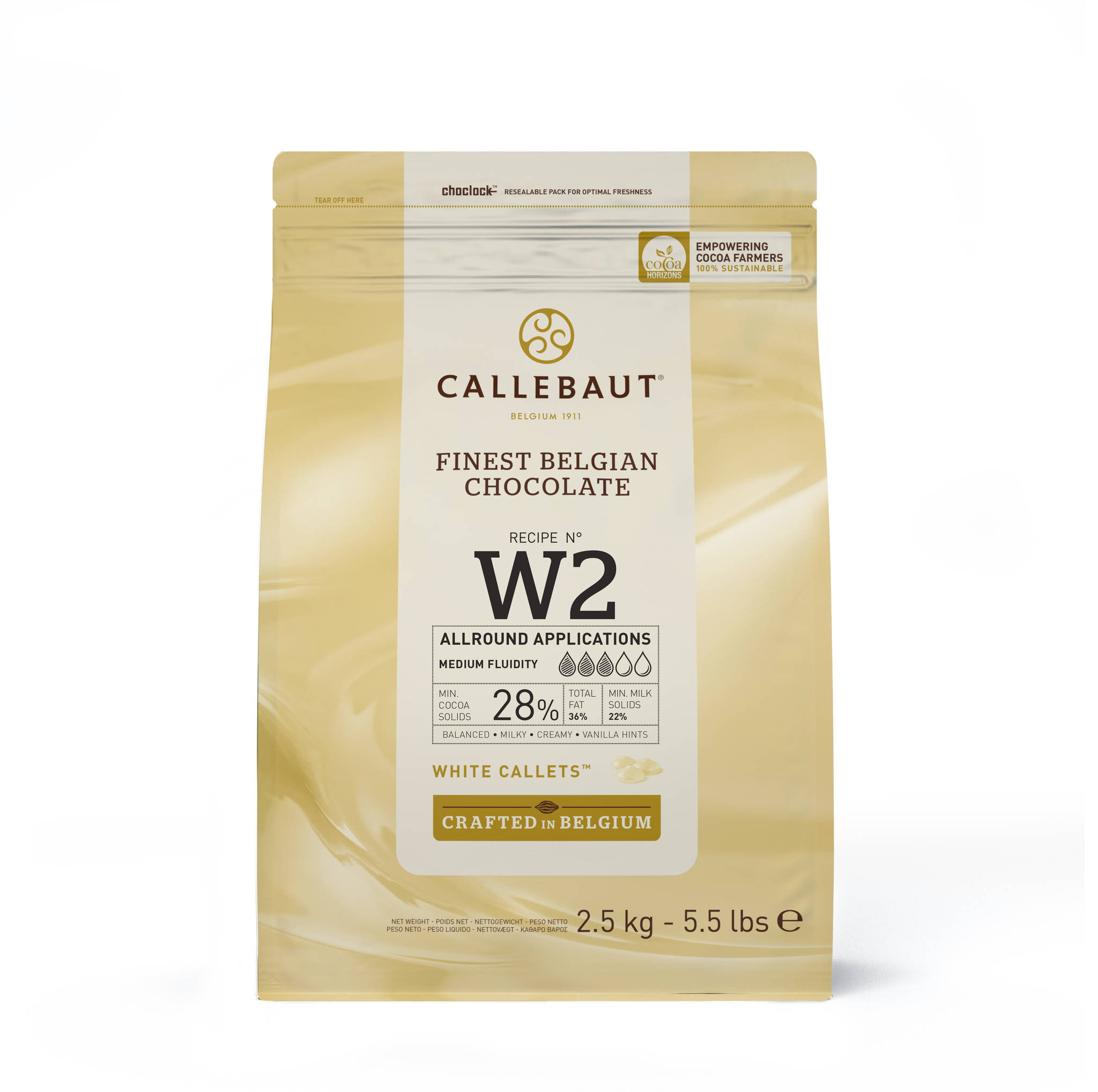 Se Callebaut Chokolade Callets W2 hvid 28% - 2,5 kg hos BageTid.dk